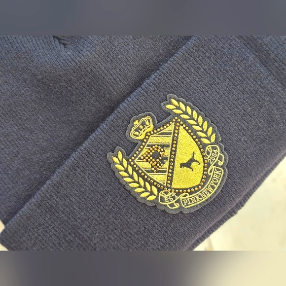 NEW LOT of 2 Victoria's Secret Black & Gold Cuffed Beanie & Fuzzy Dog Keychain - Picture 2 of 7